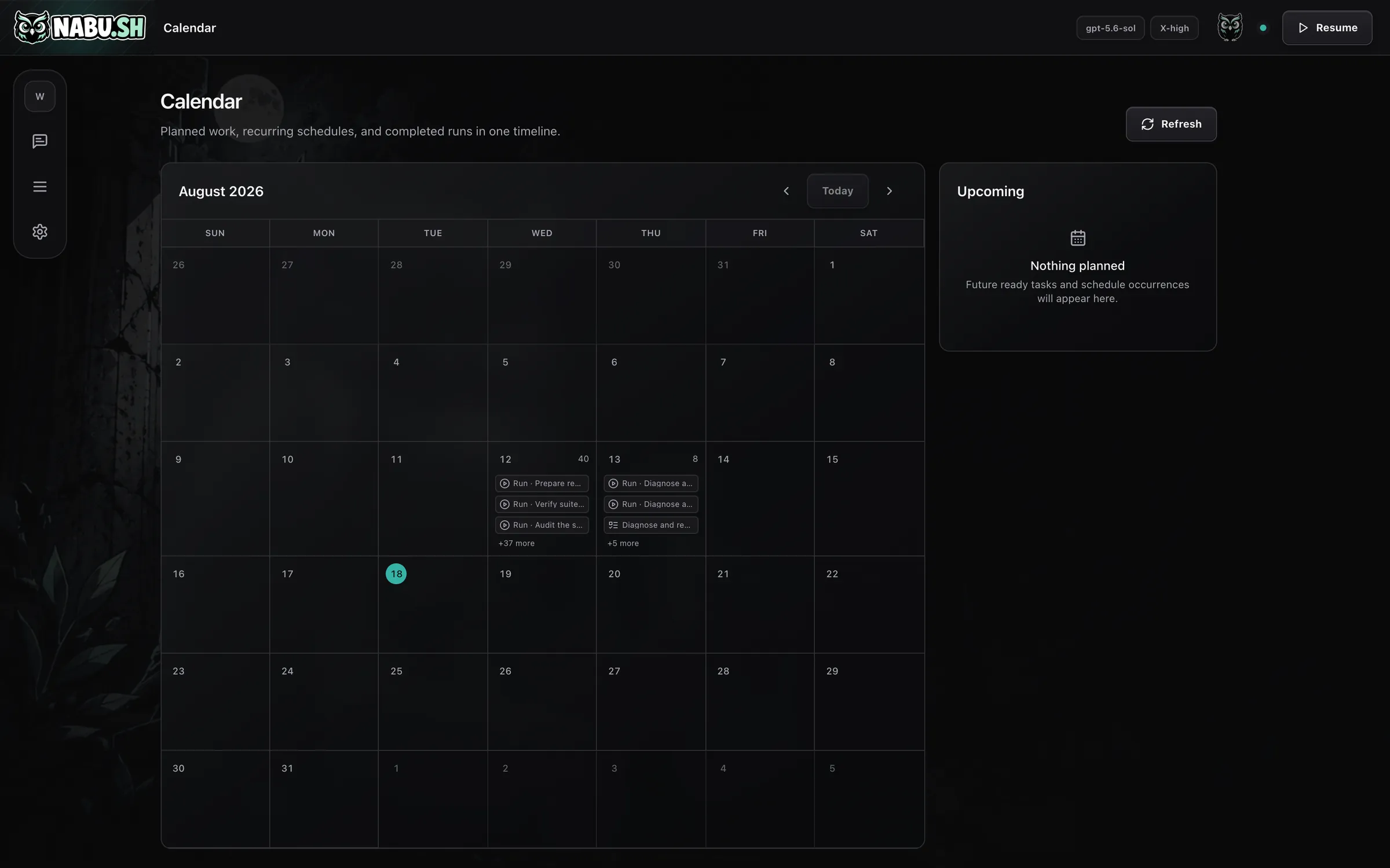 Nabu's calendar, showing forty completed runs on a single day alongside upcoming planned work.