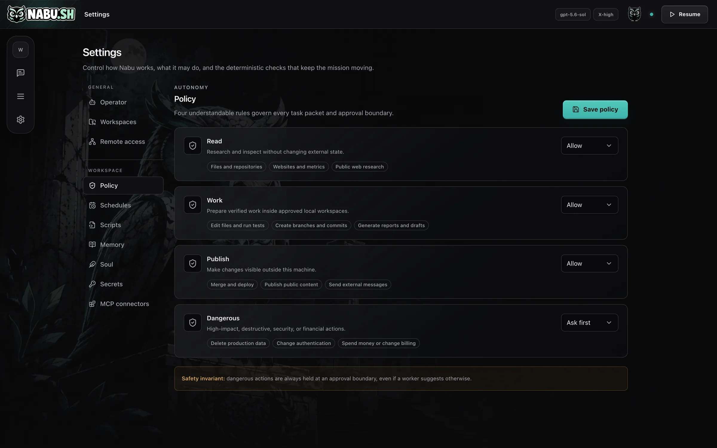 Nabu's policy settings, with Read, Work and Publish set to allow and Dangerous set to ask first.