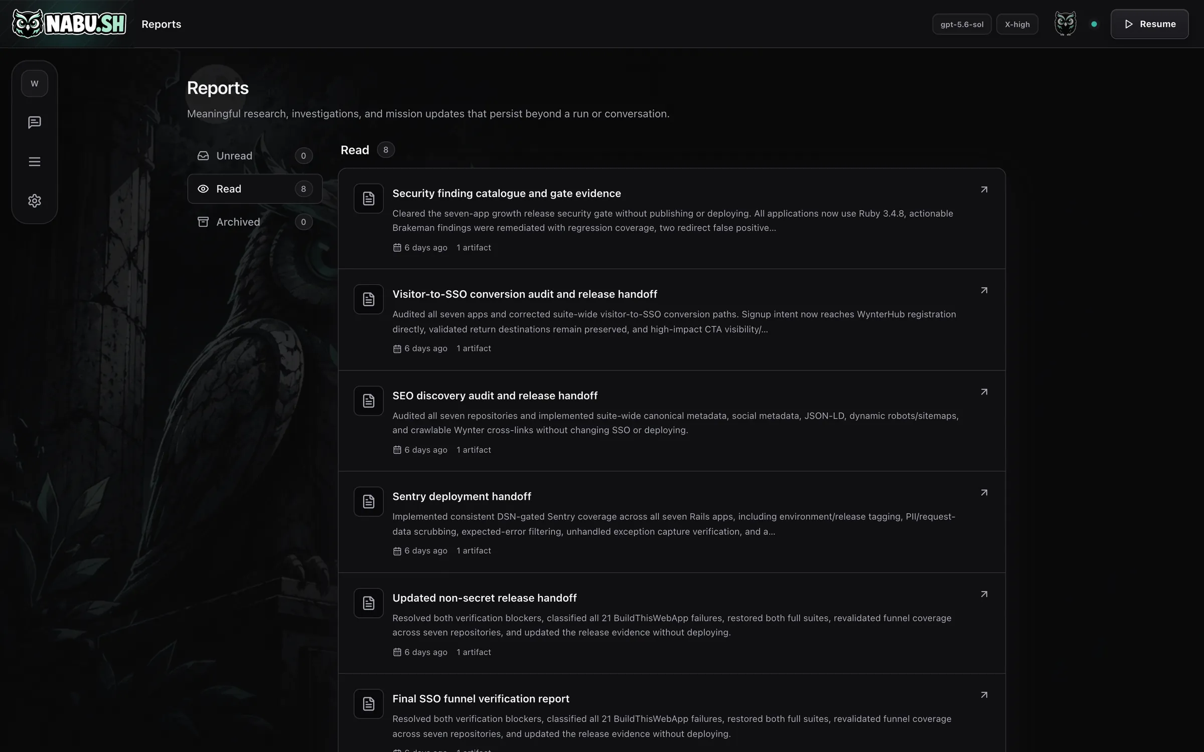 A list of Nabu reports covering a security audit, an SEO audit and a deployment handoff.